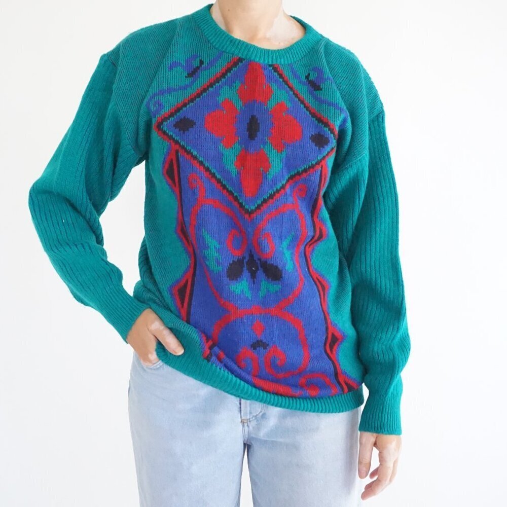 Vintage Claude Teal Blue Geometric Floral Intarsia Knit Grandpa Sweater M